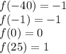 f(-40) = -1 \\ f(-1)=-1 \\ f(0)=0 \\ f(25)=1