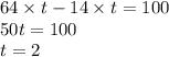 64 \times t - 14 \times t = 100 \\ 50t = 100 \\ t = 2