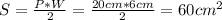 S = \frac{P*W}{2} = \frac{20 cm * 6 cm}{2} = 60 cm^2