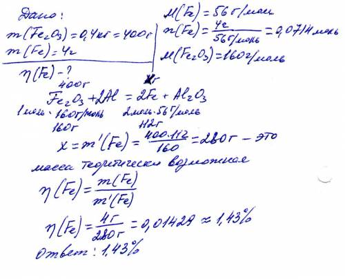 При восстановлении оксида железа массой 0.4 кг алюминия получено 4 грамма железа. сколько это % от т