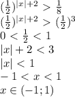 ( \frac{1}{2})^{|x|+2}\ \textgreater \ \frac{1}{8}\\( \frac{1}{2})^{|x|+2}\ \textgreater \ ( \frac{1}{2})^3\\0\ \textless \ \frac{1}{2}\ \textless \ 1\\|x|+2\ \textless \ 3\\|x|\ \textless \ 1\\-1\ \textless \ x\ \textless \ 1\\x\in(-1;1)