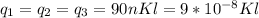 q_{1} = q_{2} =q_{3}=90nKl=9* 10^{-8} Kl