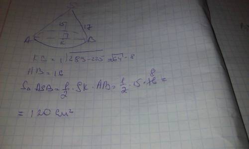 Высота конуса равна 15, а длина образующей -17. найдите площадь осевого сечения этого конуса