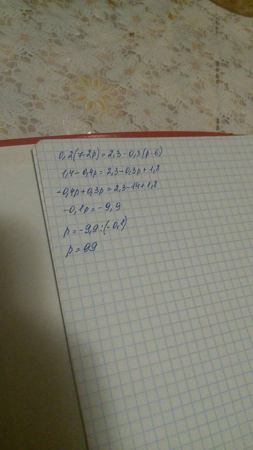 Решите уравнение 0.2 (7-2р)=2.3 -0.3(р - 6)