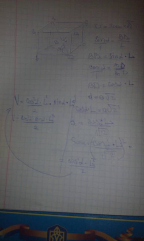 Вправильной четырехугольной призме диагональ равна l и образует угол альфа с основанием . найдите об