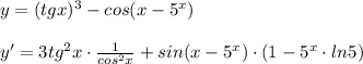 y=(tgx)^3-cos(x-5^{x})\\\\y'=3tg^2x\cdot \frac{1}{cos^2x}+sin(x-5^{x})\cdot (1-5^{x}\cdot ln5)