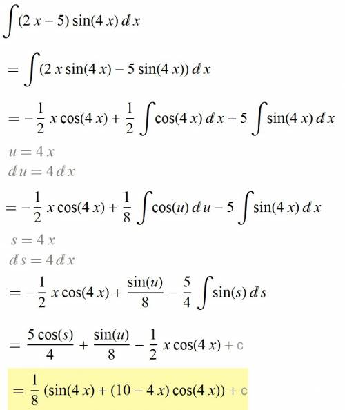 Вычислить интеграл из (2x-5)sin4xdx