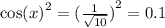 { \cos(x)}^{2} = {( \frac{1}{ \sqrt{10} } )}^{2} = 0.1