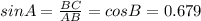 sinA= \frac{BC}{AB}=cosB=0.679