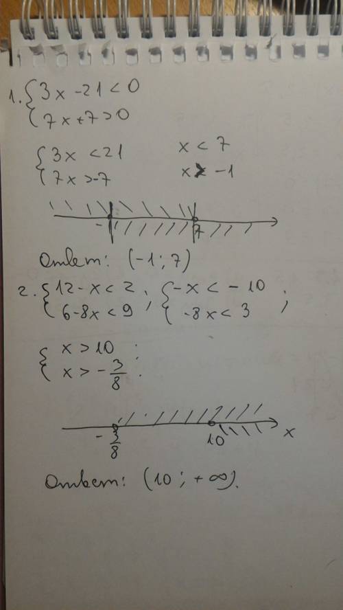 Решите систему неравенств: 1. 3х-21< 0, 7х+7> 0; 2. 12-х< 2, 6-8х< 9