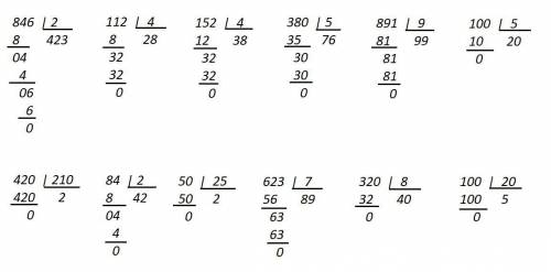 Выполни деление 846: 2 112: 4 152: 4 380: 5 891: 9 100: 5 420: 210 84: 42 50: 25 623: 7 320: 8 100: