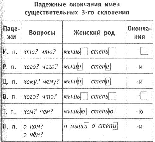 Запиши окончания имён существительных 1 склонения и 3 склонения