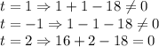 t=1& \Rightarrow&1+1-18\neq0\\&#10;t=-1 &\Rightarrow&1-1-18\neq0\\&#10;t=2&\Rightarrow&16+2-18=0