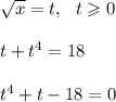 \sqrt x=t, \ \ t\geqslant0\\\\&#10;t+t^4=18\\\\&#10;t^4+t-18=0