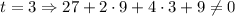 t=3\Rightarrow 27+2\cdot9+4\cdot3+9\neq0