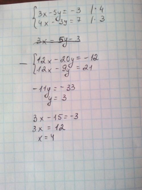 Решите систему методом постановки 3(x-5)-1=6-2x,3(x-y)-7y=-4