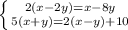 \left \{ {{2(x-2y)=x-8y} \atop {5(x+y)=2(x-y)+10}} \right.