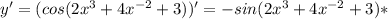 y'=(cos(2 x^{3}+4 x^{-2} +3 ))'=-sin(2 x^{3}+4 x^{-2}+3)*