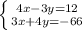 \left \{ {{4x-3y=12} \atop {3x+4y=-66}} \right.