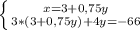 \left \{ {{x=3+0,75y} \atop {3*(3+0,75y)+4y=-66}} \right.