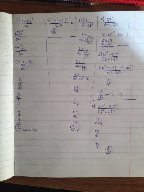 Вычислите: а)1-0,8^2/0,6 б)1,4^2-0,5^2/0,3^2 в)6,4/4^2-0,8^2 г)0,3^2/0,4^2-0,2^2 д)1,7^2-1,3^2/2,8^2