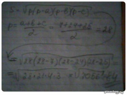 Знайдіть площу трикутника сторони якого дорівнюють 7дм 24дм 25дм