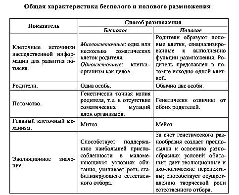 Таблица особенности полового размножения