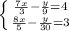 \left \{ {{ \frac{7x}{3}- \frac{y}{9} =4} \atop { \frac{8x}{5}- \frac{y}{30} =3}} \right.