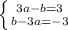 \left \{ {{3a-b=3} \atop {b-3a=-3}} \right.