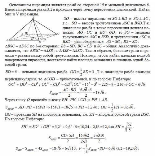 Основанием пирамиды является ромб со стороной 15 и меньшей диагональю 6. высота пирамиды равна 3,2 и