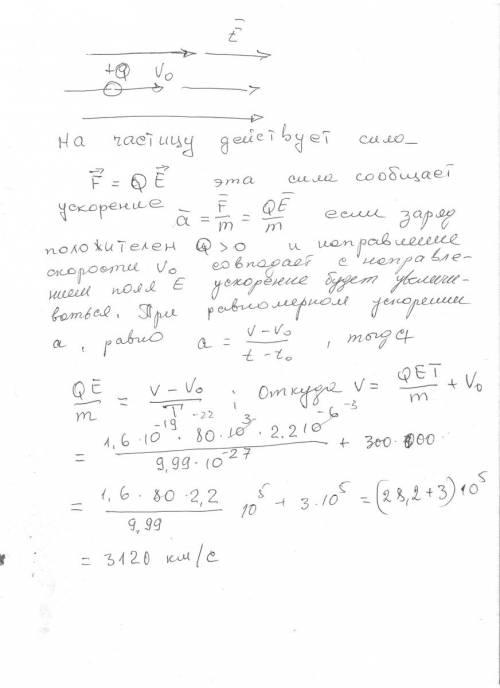 Положительно заряженная частица с зарядом q и массой m влетает в однородное электрическое поле с нап