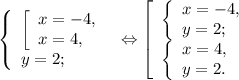 \left \{ \begin{array}{lcl} {{\left [ \begin{array}{lcl} {{x=-4,} \\ {x=4,}} \end{array} \right.} \\ {y=2;}} \end{array} \right.\Leftrightarrow \left [ \begin{array}{lcl} {{\left \{ \begin{array}{lcl} {{x=-4,} \\ {y=2;}} \end{array} \right.} \\ {\left \{ \begin{array}{lcl} {{x=4,} \\ {y=2.}} \end{array} \right.}} \end{array} \right.