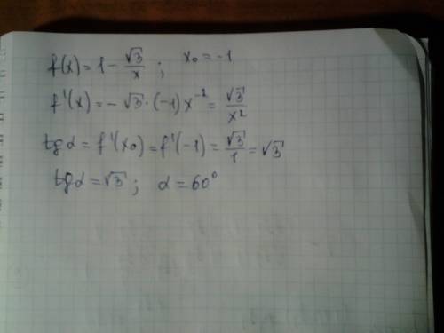 Найдите угол наклона касательной к графику функции f(x)=1-(√3/x) в точке его с абсциссой x0=-1