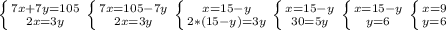 \left \{ {{7x+7y=105} \atop {2x=3y}} \right \left \{ {{7x=105-7y} \atop {2x=3y}} &#10;\right. \left \{ {{x=15-y} \atop {2*(15-y)=3y}} \right. \left \{ {{x=15-y} \atop {30=5y}} \right. \left \{ {{x=15-y} \atop {y=6}} \right. \left \{ {{x=9} \atop {y=6}} \right.