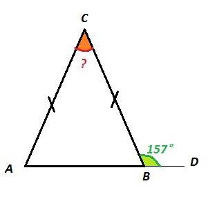 Втреугольнике авс ас=вс внешний угол при вершине в равен 157° найти величину угла асв