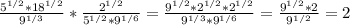 \frac{5^{1/2}*18^{1/2}}{9^{1/3}}* \frac{2^{1/2}}{5^{1/2}*9^{1/6}}= \frac{9^{1/2}*2^{1/2}*2^{1/2}}{9^{1/3}*9^{1/6}}= \frac{9^{1/2}*2}{9^{1/2}} =2