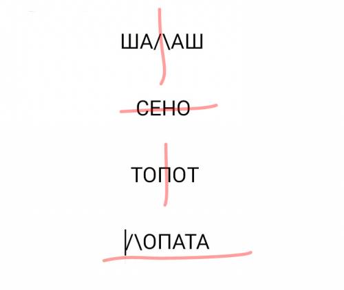 Проведи линии симметрии в словах шалаш, сено,топот, лопата