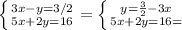 \left \{ {{3x-y=3/2} \atop {5x+2y=16}} = \right. \left \{ {{y= \frac{3}{2}-3x}}} \atop {5x+2y=16}} = \right.