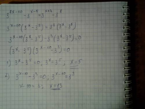 Решить уравнение. 9^(x-5) - 3^(x-5) = 3^(x+3) - 3^8