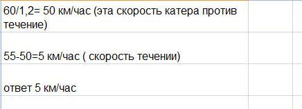 Катер проплыл против течения реки за 1.2 часа 60 км какова скорость течения реки если по озеру лодка