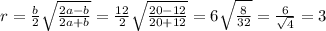 r= \frac{b}{2} \sqrt{ \frac{2a-b}{2a+b} } =\frac{12}{2} \sqrt{ &#10;\frac{20-12}{20+12} } =6 \sqrt{ \frac{8}{32} }= \frac{6}{ \sqrt{4} } &#10;=3