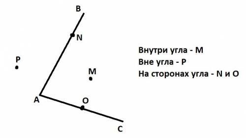 Начертите угол вас и отметьте по одной точке внутри угла, вне угла и на сторонах угла.