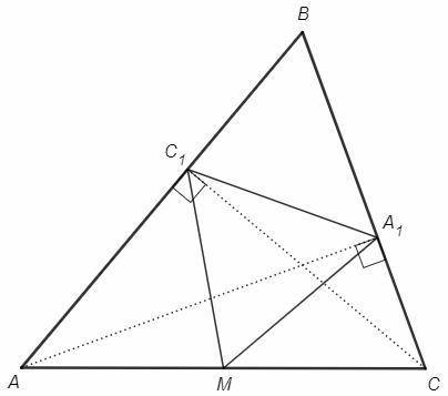 Угострокутному трикутнику авс провели висоти аа1 і сс1. точка м середина сторони ас. відомо що кут м