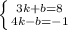 \left \{ {{3k+b=8} \atop {4k-b=-1}} \right.