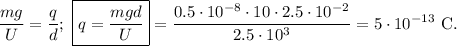 $\frac{mg}{U}=\frac{q}{d};\ \boxed{q=\frac{mgd}{U}}=\frac{0.5\cdot 10^{-8}\cdot 10\cdot 2.5\cdot 10^{-2}}{2.5\cdot 10^3}=5\cdot 10^{-13}\mathrm{\ C.}