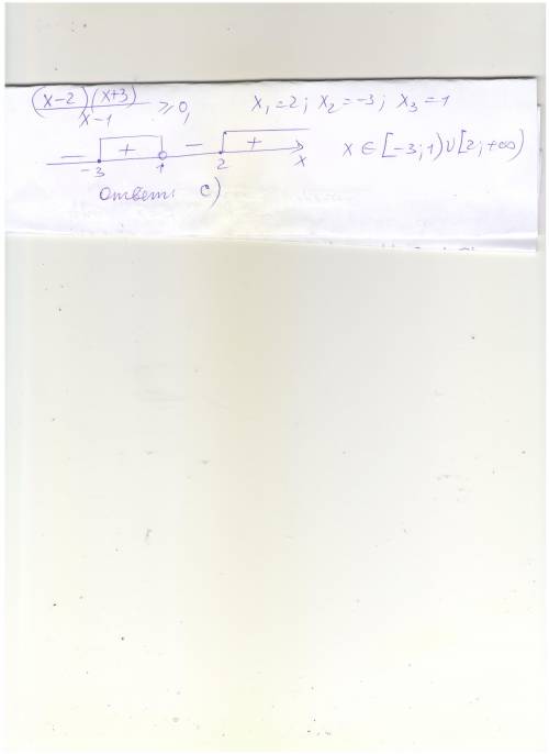 Решите неравенство(x – 2)(x + 3)/(x – 1) ≥ 0 выберите один ответ: a. [-3; -2)u[l; ∞) b. (-∞; -3]u(l;