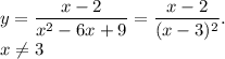 \displaystyle y= \frac{x-2}{x^2-6x+9}= \frac{x-2}{(x-3)^2}.\\&#10;x \neq 3