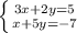 \left \{ {{3x+2y=5} \atop {x+5y=-7}} \right.