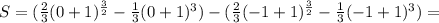 S=(\frac{2}{3}(0+1)^{ \frac{3}{2}}- \frac{1}{3}(0+1)^3 )-( \frac{2}{3}(-1+1)^{ \frac{3}{2}}- \frac{1}{3}(-1+1)^3 )=