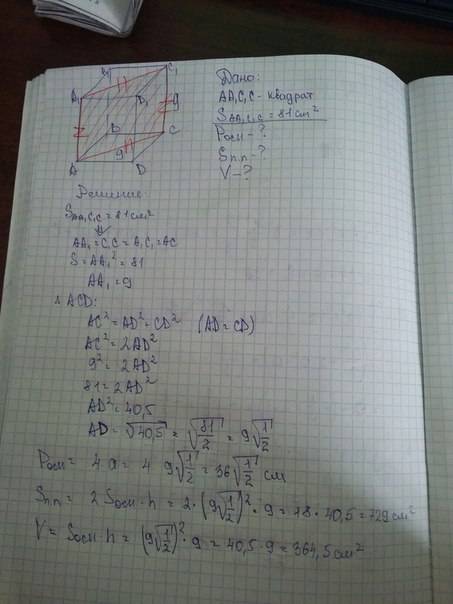 Диагональное сечение правильной четырехугольной призмы -квадрат,площадь которого равна 81см^2.вычисл
